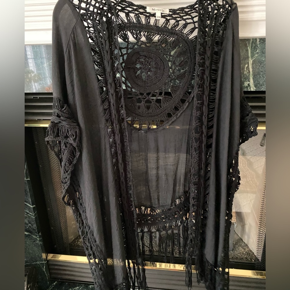 Women’s Bohemian Black Dolman Sleeve Crochet Kimono Cardigan